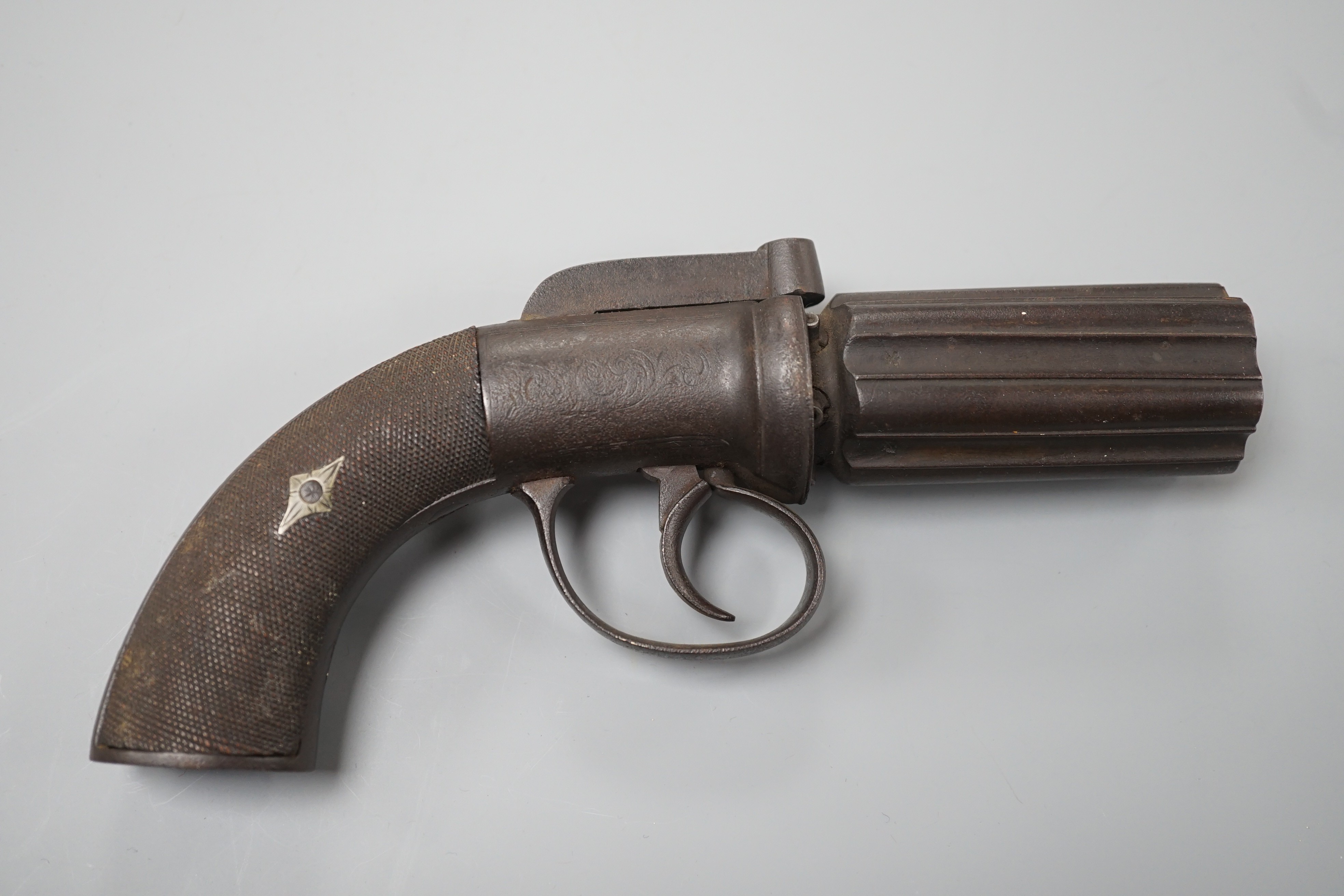 A 19th century unnamed 6 shot bar hammer action pepperbox revolver 3” barrel